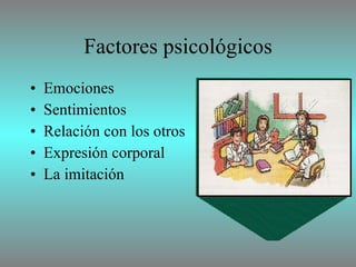 Factores psicológicos Emociones  Sentimientos Relación con los otros Expresión corporal La imitación  