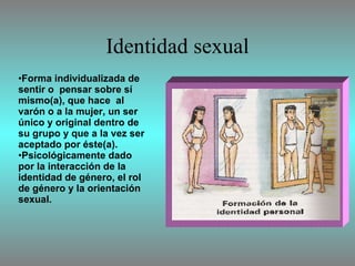 Identidad sexual Forma individualizada de sentir o  pensar sobre sí mismo(a), que hace  al varón o a la mujer, un ser único y original dentro de su grupo y que a la vez ser aceptado por éste(a). Psicológicamente dado por la interacción de la identidad de género, el rol de género y la orientación sexual. 