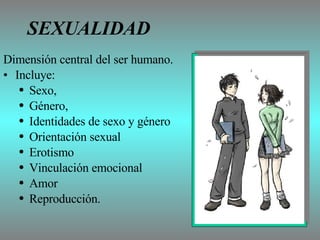 SEXUALIDAD D imensión central del ser humano.  Incluye : S exo,  G énero,  I dentidades de sexo y género  O rientación sexual E rotismo  V inculación emocional  A mor  R eproducción.   