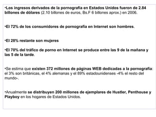 •Los ingresos derivados de la pornografía en Estados Unidos fueron de 2.84
billones de dólares (2.10 billones de euros, Bs.F 6 billones aprox.) en 2006.
•El 72% de los consumidores de pornografía en Internet son hombres.
•El 28% restante son mujeres
•El 70% del tráfico de porno en Internet se produce entre las 9 de la mañana y
las 5 de la tarde.
•Se estima que existen 372 millones de páginas WEB dedicadas a la pornografía:
el 3% son británicas, el 4% alemanas y el 89% estadounidenses -4% el resto del
mundo-.
•Anualmente se distribuyen 200 millones de ejemplares de Hustler, Penthouse y
Playboy en los hogares de Estados Unidos.
 