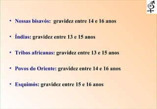 Nossas bisavós:   gravidez entre 14 e 16 anos Índias:  gravidez entre 13 e 15 anos Tribos africanas:  gravidez entre 13 e 15 anos  Povos do Oriente:  gravidez entre 14 e 16 anos  Esquimós : gravidez entre 15 e 16 anos   