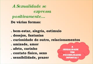 A Sexualidade se    expressa positivamente ... De várias formas: . bem-estar, alegria, estímulo . desejos, fantasias  . curiosidade do outro, relacionamentos . amizade, amor . afeto, carinho . contato físico, sexo . sensibilidade, prazer S A  SEXUALIDADE  TEM POSSIBILIDADES  INFINITAS ! 