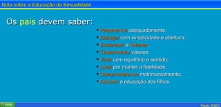 Os  pais  devem saber: Preparar-se  adequadamente; Dialogar  com simplicidade e abertura;  Esclarecer  e  Orientar ; Testemunhar  valores; Viver  com equilíbrio e sentido; Lutar  por manter a fidelidade; Comprometer-se  matrimonialmente; Assumir  a educação dos filhos. 