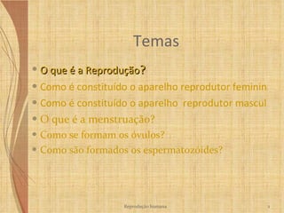 Temas O que é a Reprodução ? Como é constituído o aparelho reprodutor feminino? Como é constituído o aparelho  reprodutor masculino? O que é a menstruação? Como se formam os óvulos? Como são formados os espermatozóides? Reprodução humana 