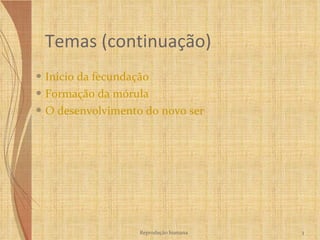 Temas (continuação) Inicio da fecundação Formação da mórula O desenvolvimento do novo ser Reprodução humana 