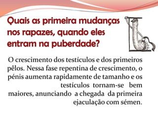 O crescimento dos testículos e dos primeiros
pêlos. Nessa fase repentina de crescimento, o
pénis aumenta rapidamente de tamanho e os
                   testículos tornam-se bem
maiores, anunciando a chegada da primeira
                        ejaculação com sémen.
 