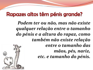 Podem ter ou não, mas não existe
qualquer relação entre o tamanho
do pénis e a altura do rapaz, como
       também não existe relação
              entre o tamanho das
                   mãos, pés, nariz,
          etc. e tamanho do pénis.
 