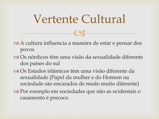 Vertente Cultural
               
 A cultura influencia a maneira de estar e pensar dos
  povos
 Os nórdicos têm uma visão da sexualidade diferente
  dos países do sul
 Os Estados islâmicos têm uma visão diferente da
  sexualidade (Papel da mulher e do Homem na
  sociedade são encarados de modo muito diferente)
 Por exemplo em sociedades que não as ocidentais o
  casamento é precoce.
 