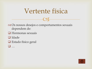 Vertente física
                
 Os nossos desejos e comportamentos sexuais
  dependem de:
 Hormonas sexuais
 Idade
 Estado físico geral
…
 