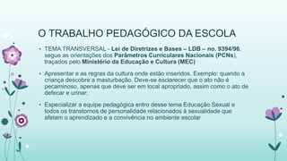 O TRABALHO PEDAGÓGICO DA ESCOLA 
• TEMA TRANSVERSAL - Lei de Diretrizes e Bases – LDB – no. 9394/96, 
segue as orientações dos Parâmetros Curriculares Nacionais (PCNs), 
traçados pelo Ministério da Educação e Cultura (MEC) 
• Apresentar e as regras da cultura onde estão inseridos. Exemplo: quando a 
criança descobre a masturbação. Deve-se esclarecer que o ato não é 
pecaminoso, apenas que deve ser em local apropriado, assim como o ato de 
defecar e urinar; 
• Especializar a equipe pedagógica entro desse tema Educação Sexual e 
todos os transtornos de personalidade relacionados à sexualidade que 
afetam o aprendizado e a convivência no ambiente escolar 
 