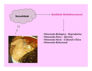 Sexualidade
Realidade Multidimensional
• Dimensão Biológica – Reprodutiva
• Dimensão Psico – Afectiva• Dimensão Psico – Afectiva
• Dimensão Sócio – Cultural e Ética
• Dimensão Relacional
 