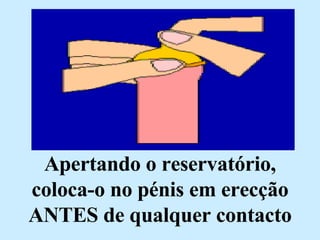 Apertando o reservatório, coloca-o no pénis em erecção ANTES de qualquer contacto 