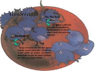 Gonorreia No homem Surge normalmente três dias após a relação sexual infectante. Manifesta-se por ardor ao urinar, corrimento amarelado ou pus no canal urinário, por vezes com cheiro fétido.   Na Mulher Na mulher, a infecção por gonococo localiza-se habitualmente no colo do útero e pode não provocar sintomas.   