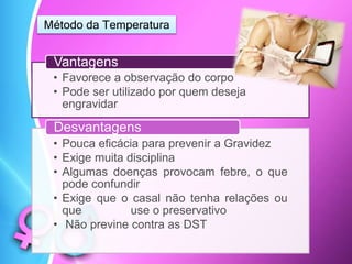 Método da Temperatura
• Favorece a observação do corpo
• Pode ser utilizado por quem deseja
engravidar
Vantagens
• Pouca eficácia para prevenir a Gravidez
• Exige muita disciplina
• Algumas doenças provocam febre, o que
pode confundir
• Exige que o casal não tenha relações ou
que use o preservativo
• Não previne contra as DST
Desvantagens
 