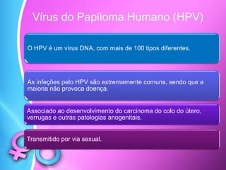 Vírus do Papiloma Humano (HPV)
O HPV é um vírus DNA, com mais de 100 tipos diferentes.
As infeções pelo HPV são extremamente comuns, sendo que a
maioria não provoca doença.
Associado ao desenvolvimento do carcinoma do colo do útero,
verrugas e outras patologias anogenitais.
Transmitido por via sexual.
 