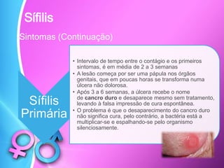 Sífilis
Sintomas (Continuação)
Sífilis
Primária
• Intervalo de tempo entre o contágio e os primeiros
sintomas, é em média de 2 a 3 semanas
• A lesão começa por ser uma pápula nos órgãos
genitais, que em poucas horas se transforma numa
úlcera não dolorosa.
• Após 3 a 6 semanas, a úlcera recebe o nome
de cancro duro e desaparece mesmo sem tratamento,
levando à falsa impressão de cura espontânea.
• O problema é que o desaparecimento do cancro duro
não significa cura, pelo contrário, a bactéria está a
multiplicar-se e espalhando-se pelo organismo
silenciosamente.
 