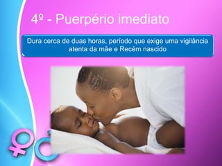 4º - Puerpério imediato
Dura cerca de duas horas, período que exige uma vigilância
atenta da mãe e Recém nascido
 