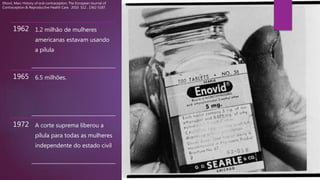 1962 1.2 milhão de mulheres
americanas estavam usando
a pílula
1965 6.5 milhões.
1972 A corte suprema liberou a
pílula para todas as mulheres
independente do estado civil
Dhont, Marc History of oral contraception. The European Journal of
Contraception & Reproductive Health Care. 2010 S12 , 1362-5187.
 