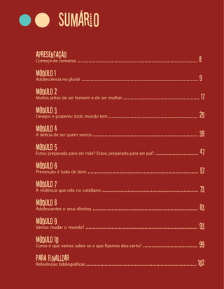 5
Apresentação 8
Módulo 1 9
Módulo 2 17
Módulo 3 29
Módulo 4 39
Módulo 5 47
Módulo 6 57
Módulo 7 73
Módulo 8 83
Módulo 9 93
Módulo 10 99
Para finalizar 102
sumário
 
