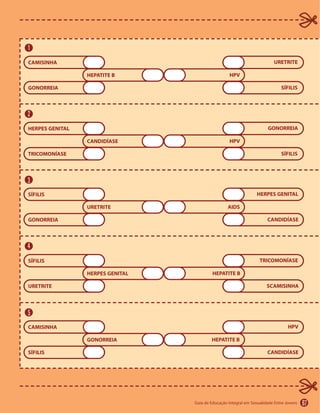 67
1
CAMISINHA
HEPATITE B
GONORREIA
URETRITE
HPV
SÍFILIS
2
HERPES GENITAL
CANDIDÍASE
TRICOMONÍASE
GONORREIA
HPV
SÍFILIS
3
SÍFILIS
URETRITE
GONORREIA
HERPES GENITAL
AIDS
CANDIDÍASE
4
SÍFILIS
HERPES GENITAL
URETRITE
TRICOMONÍASE
HEPATITE B
SCAMISINHA
5
CAMISINHA
GONORREIA
SÍFILIS
HPV
HEPATITE B
CANDIDÍASE
 
