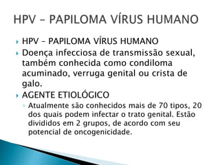  HPV – PAPILOMA VÍRUS HUMANO
 Doença infecciosa de transmissão sexual,
também conhecida como condiloma
acuminado, verruga genital ou crista de
galo.
 AGENTE ETIOLÓGICO
◦ Atualmente são conhecidos mais de 70 tipos, 20
dos quais podem infectar o trato genital. Estão
divididos em 2 grupos, de acordo com seu
potencial de oncogenicidade.
 