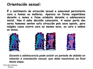 OrientaciOrientacióón sexual:n sexual:
ÉÉ oo sentimentosentimento de atraccide atraccióón sexual e emocional persistenten sexual e emocional persistente
cara acara a homeshomes ouou mulleres. Aparece en forma espontmulleres. Aparece en forma espontááneanea
durante adurante a neneznenez ee faisefaise evidente durante a adolescenciaevidente durante a adolescencia
inicial. Noninicial. Non éé unhaunha decisidecisióón consciente. An consciente. A maiormaior parte dosparte dos
seres humanosseres humanos sentensenten esta atracciesta atraccióón polo sexon polo sexo opostooposto, pero, pero
nalgnalgúúnsns casoscasos ocorreocorre caracara aoao mesmomesmo sexo,sexo, ouou cara a amboscara a ambos
os sexos.os sexos.
Durante a adolescencia pode existir un período de dúbida en
relación á orientación sexual, que debe resolverse ao final
desta etapa.
I.E.S. Otero Pedrayo.
Ourense
 