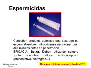 Espermicidas
Contieñen produtos químicos que destruen os
espermatozoides. Introdúcense na vaxina, uns,
dez minutos antes da penetración.
EFICACIA: Baixa. Deben utilizarse sempre
xunto conoutro método anticonceptivo,
(preservativo, diafragma...).
Os espermicidas non prevén das ETS.I.E.S. Otero Pedrayo.
Ourense
 