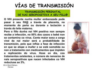TRANSMISIÓN PERINATAL
DE NAI SEROPOSITIVA A SEU FILL@
O VIH presente nunha muller embarazada pode
pasar á seu fill@ a través da placenta, no
momento do parto ou durante a lactación a
través do leite materno.
Pero o fillo dunha nai VIH positiva non sempre
recibe a infección, no 85% dos casos o bebé non
se contamina co virus. Canto maior sexa a carga
viral da nai maior será a probabilidade de
transmisión, polo que inflúe a fase de infección
en que se atope a muller e se está sometida ou
non a tratamento con medicamentos que impiden
a replicación do virus. Hoxe en día, cos
tratamentos existentes, o número de nenos/as de
nais seropositivas que nacen infectados co VIH
reduciuse ao 3%.
VÍAS DE TRANSMISIÓN
I.E.S. Otero Pedrayo.
Ourense
 