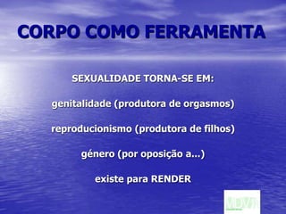 CORPO COMO FERRAMENTASEXUALIDADE TORNA-SE EM:genitalidade (produtora de orgasmos)reproducionismo (produtora de filhos)género (por oposição a...)existe para RENDER