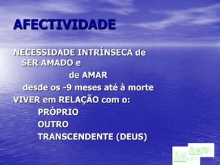 AFECTIVIDADENECESSIDADE INTRÍNSECA de SER AMADO ede AMARdesde os -9 meses até à morteVIVER em RELAÇÃO com o: 		 PRÓPRIO		 OUTRO		 TRANSCENDENTE (DEUS)