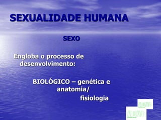 SEXUALIDADE HUMANASEXOEngloba o processo de  desenvolvimento: BIOLÓGICO – genética e anatomia/                           fisiologia