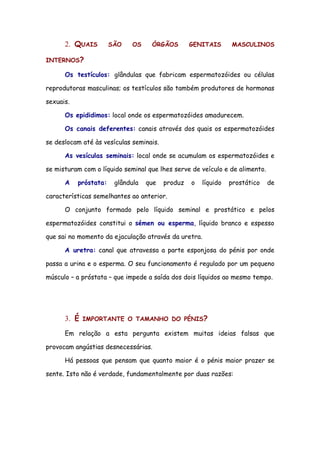 2. QUAIS         SÃO   OS     ÓRGÃOS        GENITAIS       MASCULINOS

INTERNOS?

      Os testículos: glândulas que fabricam espermatozóides ou células

reprodutoras masculinas; os testículos são também produtores de hormonas

sexuais.

      Os epididimos: local onde os espermatozóides amadurecem.

      Os canais deferentes: canais através dos quais os espermatozóides

se deslocam até às vesículas seminais.

      As vesículas seminais: local onde se acumulam os espermatozóides e

se misturam com o líquido seminal que lhes serve de veículo e de alimento.

      A    próstata:    glândula   que   produz   o   líquido   prostático   de

características semelhantes ao anterior.

      O conjunto formado pelo líquido seminal e prostático e pelos

espermatozóides constitui o sémen ou esperma, líquido branco e espesso

que sai no momento da ejaculação através da uretra.

      A uretra: canal que atravessa a parte esponjosa do pénis por onde

passa a urina e o esperma. O seu funcionamento é regulado por um pequeno

músculo – a próstata – que impede a saída dos dois líquidos ao mesmo tempo.




      3. É   IMPORTANTE O TAMANHO DO PÉNIS?

      Em relação a esta pergunta existem muitas ideias falsas que

provocam angústias desnecessárias.

      Há pessoas que pensam que quanto maior é o pénis maior prazer se

sente. Isto não é verdade, fundamentalmente por duas razões:
 