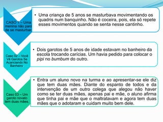 CASO 1 – Uma
menina não para
de se masturbar.
• Uma criança de 5 anos se masturbava movimentando os
quadris num banquinho. Não é coceira, pois, ela só repete
esses movimentos quando se senta nesse cantinho.
Caso 02 – Você
Vê Garotos Se
Acariciando No
Banheiro.
• Dois garotos de 5 anos de idade estavam no banheiro da
escola trocando carícias. Um havia pedido para colocar o
pipi no bumbum do outro.
Caso 03 – Um
garoto novato
tem duas mães.
• Entra um aluno novo na turma e ao apresentar-se ele diz
que tem duas mães. Diante do espanto de todos e da
intervenção de um outro colega que alegou não haver
como se ter duas mães, apenas pai e mãe, o aluno afirma
que tinha pai e mãe que o maltratavam e agora tem duas
mães que o adotaram e cuidam muito bem dele.
 