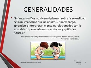 GENERALIDADES
• “Infantes y niños no viven ni piensan sobre la sexualidad
de la misma forma que un adulto… sin embargo,
aprenden e interpretan mensajes relacionados con la
sexualidad que moldean sus acciones y aptitudes
futuras.”
lunes, 04 de
mayo de
2015
Sexualidad en la infancia - Dr. H. Martín 3
An overview of healthy childhood sexual development. NSVRC. Sexual Assault
Awareness Month 2013.
 