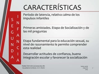 CARACTERÍSTICAS
S
E
G
U
N
D
A
I
N
F
A
N
C
I
A
Período de latencia, relativa calma de los
impulsos infantiles
Primeras amistades. Etapa de Socialización y de
las mil preguntas
Etapa fundamental para la educación sexual, su
nivel de razonamiento le permite comprender
esta realidad
Desarrollar actitudes de confianza, buena
integración escolar y favorecer la socialización
lunes, 04 de
mayo de
2015
Sexualidad en la infancia - Dr. H. Martín 7
Pediatr Clin N Am 50 (2003) 765-780
 