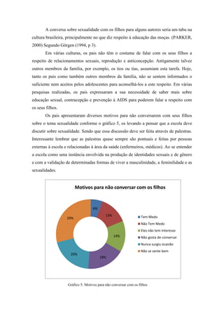 6%
13%
14%
18%
20%
29%
Motivos para não conversar com os filhos
Tem Medo
Não Tem Medo
Eles não tem Interesse
Não gosta de conversar
Nunca surgiu ocasião
Não se sente bem
A conversa sobre sexualidade com os filhos para alguns autores seria um tabu na
cultura brasileira, principalmente no que diz respeito à educação das moças. (PARKER,
2000) Segundo Görgen (1994, p 3).
Em várias culturas, os pais não têm o costume de falar com os seus filhos a
respeito de relacionamentos sexuais, reprodução e anticoncepção. Antigamente talvez
outros membros da família, por exemplo, os tios ou tias, assumiam esta tarefa. Hoje,
tanto os pais como também outros membros da família, não se sentem informados o
suficiente nem aceitos pelos adolescentes para aconselhá-los a este respeito. Em várias
pesquisas realizadas, os pais expressaram a sua necessidade de saber mais sobre
educação sexual, contracepção e prevenção à AIDS para poderem falar a respeito com
os seus filhos.
Os pais apresentaram diversos motivos para não conversarem com seus filhos
sobre o tema sexualidade conforme o gráfico 5, os levando a pensar que a escola deve
discutir sobre sexualidade. Sendo que essa discussão deve ser feita através de palestras.
Interessante lembrar que as palestras quase sempre são pontuais e feitas por pessoas
externas à escola e relacionadas à área da saúde (enfermeiros, médicos). Ao se entender
a escola como uma instância envolvida na produção de identidades sexuais e de gênero
e com a validação de determinadas formas de viver a masculinidade, a feminilidade e as
sexualidades.
Gráfico 5: Motivos para não conversar com os filhos
 