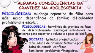 PSICOLÓGICAS: mudança repentina de filha para
mãe; maior dependência da família; dificuldades
profissional e escolar.
ALGUMAS CONSEQUENCIAS DA
GRAVIDEZ NA ADOLESCENCIA
FISIOLÓGICAS: hormônios da gravidez na fase
de desenvolvimento; mudanças estruturais no
corpo para suportar o volume e o peso do bebê;
SOCIAIS: Estudos prejudicados;
dificuldade de arrumar trabalho por
falta de estudo; conflitos
familiares; problemas financeiros.
 