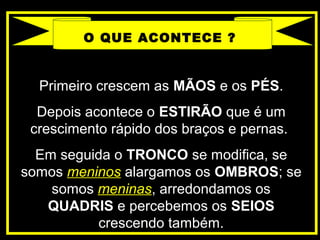 O QUE ACONTECE ?
Primeiro crescem as MÃOS e os PÉS.
Depois acontece o ESTIRÃO que é um
crescimento rápido dos braços e pernas.
Em seguida o TRONCO se modifica, se
somos meninos alargamos os OMBROS; se
somos meninas, arredondamos os
QUADRIS e percebemos os SEIOS
crescendo também.
 