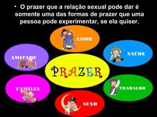 • O prazer que a relação sexual pode dar é
somente uma das formas de prazer que uma
pessoa pode experimentar, se ela quiser.
AMIZADE
FAMÍLIA
SEXO
TRABALHO
SAÚDE
AMOR
PRAZER
 