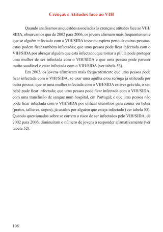 Crenças e Atitudes face ao VIH

        Quando analisamos as questões associadas às crenças e atitudes face ao VIH/
SIDA, observamos que de 2002 para 2006, os jovens aﬁrmam mais frequentemente
que se alguém infectado com o VIH/SIDA tosse ou espirra perto de outras pessoas,
estas podem ﬁcar também infectadas; que uma pessoa pode ﬁcar infectada com o
VIH/SIDA por abraçar alguém que está infectado; que tomar a pílula pode proteger
uma mulher de ser infectada com o VIH/SIDA e que uma pessoa pode parecer
muito saudável e estar infectada com o VIH/SIDA (ver tabela 53).
        Em 2002, os jovens aﬁrmaram mais frequentemente que uma pessoa pode
ﬁcar infectada com o VIH/SIDA, se usar uma agulha e/ou seringa já utilizada por
outra pessoa; que se uma mulher infectada com o VIH/SIDA estiver grávida, o seu
bebé pode ﬁcar infectado; que uma pessoa pode ﬁcar infectada com o VIH/SIDA,
com uma transfusão de sangue num hospital, em Portugal; e que uma pessoa não
pode ﬁcar infectada com o VIH/SIDA por utilizar utensílios para comer ou beber
(pratos, talheres, copos), já usados por alguém que esteja infectado (ver tabela 53).
Quando questionados sobre se correm o risco de ser infectados pelo VIH/SIDA, de
2002 para 2006, diminuíram o número de jovens a responder aﬁrmativamente (ver
tabela 52).




108
 