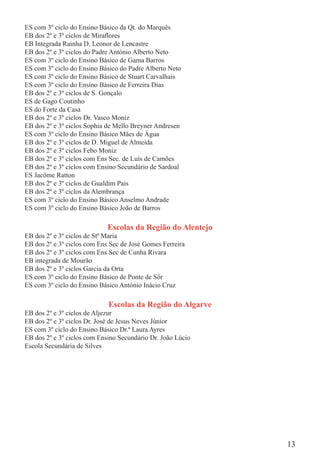 ES com 3º ciclo do Ensino Básico da Qt. do Marquês
EB dos 2º e 3º ciclos de Miraﬂores
EB Integrada Rainha D. Leonor de Lencastre
EB dos 2º e 3º ciclos do Padre António Alberto Neto
ES com 3º ciclo do Ensino Básico de Gama Barros
ES com 3º ciclo do Ensino Básico do Padre Alberto Neto
ES com 3º ciclo do Ensino Básico de Stuart Carvalhais
ES com 3º ciclo do Ensino Básico de Ferreira Dias
EB dos 2º e 3º ciclos de S. Gonçalo
ES de Gago Coutinho
ES do Forte da Casa
EB dos 2º e 3º ciclos Dr. Vasco Moniz
EB dos 2º e 3º ciclos Sophia de Mello Breyner Andresen
ES com 3º ciclo do Ensino Básico Mães de Água
EB dos 2º e 3º ciclos de D. Miguel de Almeida
EB dos 2º e 3º ciclos Febo Moniz
EB dos 2º e 3º ciclos com Ens Sec. de Luís de Camões
EB dos 2º e 3º ciclos com Ensino Secundário de Sardoal
ES Jacôme Ratton
EB dos 2º e 3º ciclos de Gualdim Pais
EB dos 2º e 3º ciclos da Alembrança
ES com 3º ciclo do Ensino Básico Anselmo Andrade
ES com 3º ciclo do Ensino Básico João de Barros

                             Escolas da Região do Alentejo
EB dos 2º e 3º ciclos de Stª Maria
EB dos 2º e 3º ciclos com Ens Sec de José Gomes Ferreira
EB dos 2º e 3º ciclos com Ens Sec de Cunha Rivara
EB integrada de Mourão
EB dos 2º e 3º ciclos Garcia da Orta
ES com 3º ciclo do Ensino Básico de Ponte de Sôr
ES com 3º ciclo do Ensino Básico António Inácio Cruz

                             Escolas da Região do Algarve
EB dos 2º e 3º ciclos de Aljezur
EB dos 2º e 3º ciclos Dr. José de Jesus Neves Júnior
ES com 3º ciclo do Ensino Básico Dr.ª Laura Ayres
EB dos 2º e 3º ciclos com Ensino Secundário Dr. João Lúcio
Escola Secundária de Silves




                                                             13
 
