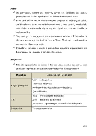 Notas:
  √ Os convidados, sempre que possível, devem ser familiares dos alunos,
      promovendo-se assim a aproximação da comunidade escolar à escola.
  √ Fazer uma sessão com os convidados para preparar as intervenções destes,
      certificando-se a turma que está de acordo com o tema central, contribuindo
      com ideias e construindo algum suporte digital etc., que os convidados
      queiram utilizar.
  √ Sugere-se que o espaço para a apresentação dos resultados e debate sobre os
      afectos e o amor seja exterior à escola – a Câmara Municipal poderá constituir
      um parceiro eficaz neste ponto.
  √ Convidar e publicitar o evento à comunidade educativa, especialmente aos
      Encarregados de Educação e familiares dos alunos.


Adaptações:

  √ Não são apresentados os passos todos das várias sessões necessárias mas
      enfatizam-se possíveis articulações curriculares com as disciplinas de:

      Disciplina                          Competências / Conteúdos

                          Correcção linguística
                          Técnica da entrevista
Língua portuguesa
                          Produção de texto (conclusões do inquérito)
                          Spot publicitário
                          Word – processamento do inquérito
TIC                       Excel – tratamento do inquérito
                          PowerPoint – apresentação das conclusões do inquérito

Matemática                Tratamento estatístico




                                                                                  249
 