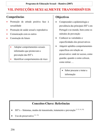 Programa de Educação Sexual – Ramiro (2007)

    VII. INFECÇÕES SEXUALMENTE TRANSMISSÍVEIS

Competências                                            Objectivos
•    Promoção de atitude positiva face à                •   Compreender a epidemiologia e
     sexualidade                                            prevalência das principais IST’s em
•    Promoção de saúde sexual e reprodutiva                 Portugal e no mundo, bem como os
•    Comunicação com os outros                              métodos de prevenção
•    Construção do futuro                               •   Conhecer as variedades e
                                                            especificidades dos preservativos

     •    Adoptar comportamentos sexuais                •   Adquirir aptidões comportamentais

          informados que promovam a                         específicas em relação ao

          prevenção das IST’s                               preservativo: onde ter acesso, como

     •    Identificar comportamentos de risco               guardar, quando e como colocar,
                                                            como retirar …


                                                               • Saber procurar e tratar a
                                                                  informação




                              Conceitos-Chave: Referências

      •    IST’s – Sintomas, modos de transmissão, tratamento e prevenção 2, 13, 14, 18)

      •    Uso do preservativo 13, 15)




     256
 