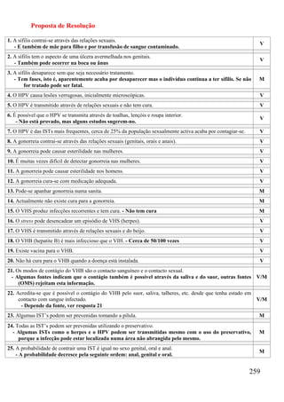 Proposta de Resolução

1. A sífilis contrai-se através das relações sexuais.
                                                                                                              V
   - E também de mãe para filho e por transfusão de sangue contaminado.
2. A sífilis tem o aspecto de uma úlcera avermelhada nos genitais.
                                                                                                              V
   - Também pode ocorrer na boca ou ânus
3. A sífilis desaparece sem que seja necessário tratamento.
   - Tem fases, isto é, aparentemente acaba por desaparecer mas o indivíduo continua a ter sífilis. Se não    M
        for tratado pode ser fatal.
4. O HPV causa lesões verrugosas, inicialmente microscópicas.                                                 V
5. O HPV é transmitido através de relações sexuais e não tem cura.                                            V
6. É possível que o HPV se transmita através de toalhas, lençóis e roupa interior.
                                                                                                              V
    - Não está provado, mas alguns estudos sugerem-no.
7. O HPV é das ISTs mais frequentes, cerca de 25% da população sexualmente activa acaba por contagiar-se.     V
8. A gonorreia contrai-se através das relações sexuais (genitais, orais e anais).                             V
9. A gonorreia pode causar esterilidade nas mulheres.                                                         V
10. É muitas vezes difícil de detectar gonorreia nas mulheres.                                                V
11. A gonorreia pode causar esterilidade nos homens.                                                          V
12. A gonorreia cura-se com medicação adequada.                                                               V
13. Pode-se apanhar gonorreia numa sanita.                                                                    M
14. Actualmente não existe cura para a gonorreia.                                                             M
15. O VHS produz infecções recorrentes e tem cura. - Não tem cura                                             M
16. O stress pode desencadear um episódio de VHS (herpes).                                                    V
17. O VHS é transmitido através de relações sexuais e do beijo.                                               V
18. O VHB (hepatite B) é mais infeccioso que o VIH. - Cerca de 50/100 vezes                                   V
19. Existe vacina para o VHB.                                                                                 V
20. Não há cura para o VHB quando a doença está instalada.                                                    V
21. Os modos de contágio do VHB são o contacto sanguíneo e o contacto sexual.
 - Algumas fontes indicam que o contágio também é possível através da saliva e do suor, outras fontes V/M
     (OMS) rejeitam esta informação.
22. Acredita-se que é possível o contágio do VHB pelo suor, saliva, talheres, etc. desde que tenha estado em
     contacto com sangue infectado.                                                                          V/M
      - Depende da fonte, ver resposta 21
23. Algumas IST’s podem ser prevenidas tomando a pílula.                                                      M
24. Todas as IST’s podem ser prevenidas utilizando o preservativo.
  - Algumas ISTs como o herpes e o HPV podem ser transmitidas mesmo com o uso do preservativo,                M
     porque a infecção pode estar localizada numa área não abrangida pelo mesmo.
25. A probabilidade de contrair uma IST é igual no sexo genital, oral e anal.
                                                                                                              M
    - A probabilidade decresce pela seguinte ordem: anal, genital e oral.


                                                                                                            259
 