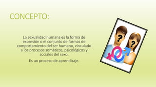CONCEPTO:
La sexualidad humana es la forma de
expresión o el conjunto de formas de
comportamiento del ser humano, vinculado
a los procesos somáticos, psicológicos y
sociales del sexo.
Es un proceso de aprendizaje.
 