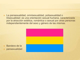  La pansexualidad, omnisexualidad, polisexualidad o 
trisexualidad: es una orientación sexual humana, caracterizada 
por la atracción estética, romántica o sexual por otras personas 
independientemente del sexo y género de las mismas. 
 Bandera de la 
 pansexualidad 
 