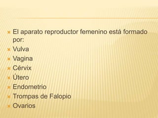  El aparato reproductor femenino está formado 
por: 
 Vulva 
 Vagina 
 Cérvix 
 Útero 
 Endometrio 
 Trompas de Falopio 
 Ovarios 
 