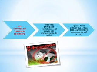 una de las
    Las                              A pesar de los
                 principales
victimas de                       avances que se han
              inquietudes es el
                                  dado, aún subsisten
 violencia       acceso a la
                                   obstáculos para el
 de genero    administración de
                                        acceso
                   justicia
 