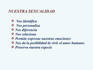 NUESTRA SEXUALIDAD Nos identifica Nos personaliza Nos diferencia Nos relaciona Permite expresar nuestras emociones Nos da la posibilidad de vivir el amor humano. Preserva nuestra especie 