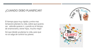 ¿CUANDO DEBO PLANIFICAR?
El tiempo pasa muy rápido y entre mas
temprano planees tu vida, sobre que quieres
ser, adonde quieres ir, cuando es el tiempo
de enamorarte y tener hijos, mucho mejor
Así que desde ya planea tu vida, para que
no se salga de control tus planes.
 